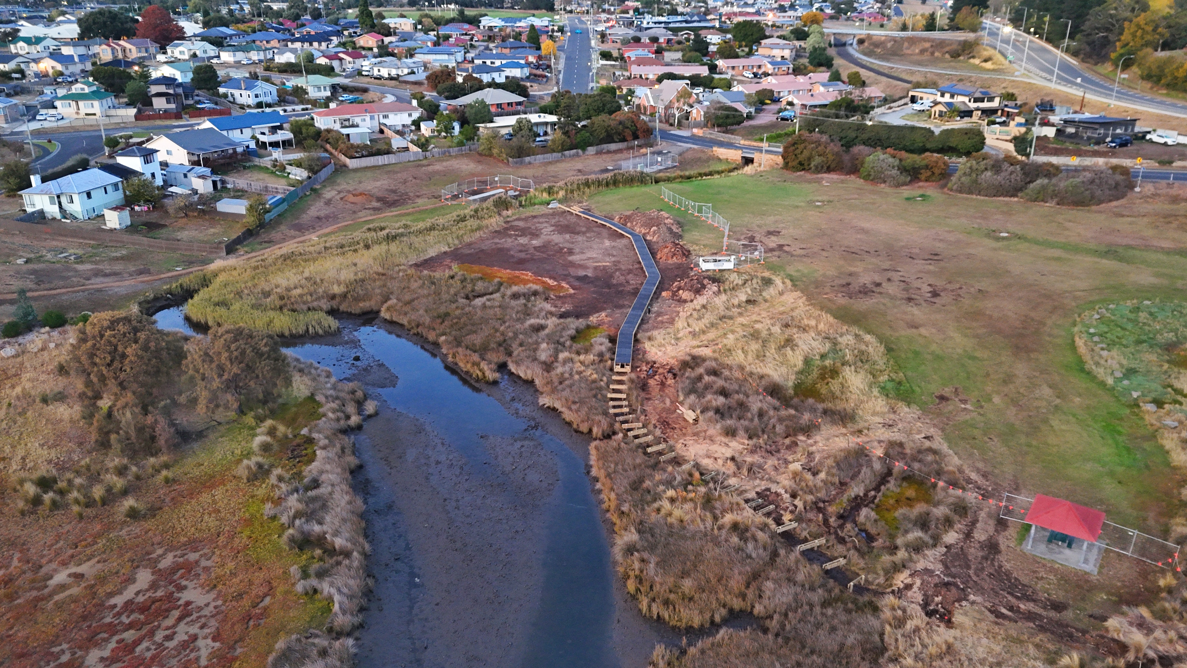 Aerial photo of the scraped saltmarsh and new boardwalk at Windermere Bay Photo: Kevin Ball.