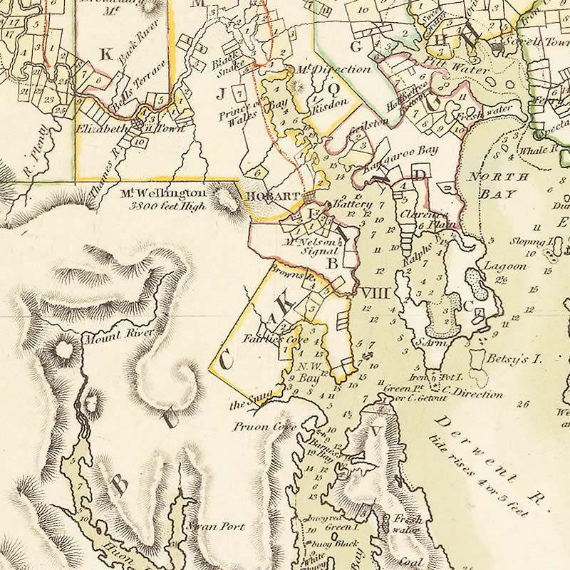 Chart of Van Diemen’s Land from the best authorities and from actual surveys and measurements – by Thomas Scott Assistant Surveyor General; engraved by Charles Thompson (Cross) Edinburgh. Image: Tasmanian Archive and Heritage Office.