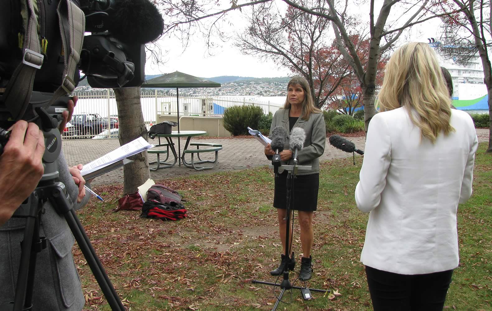 Director of the DEP Christine Coughanowr being interviewed at the 2015 Derwent Science and Management Symposium. Photo: Derwent Estuary Program.